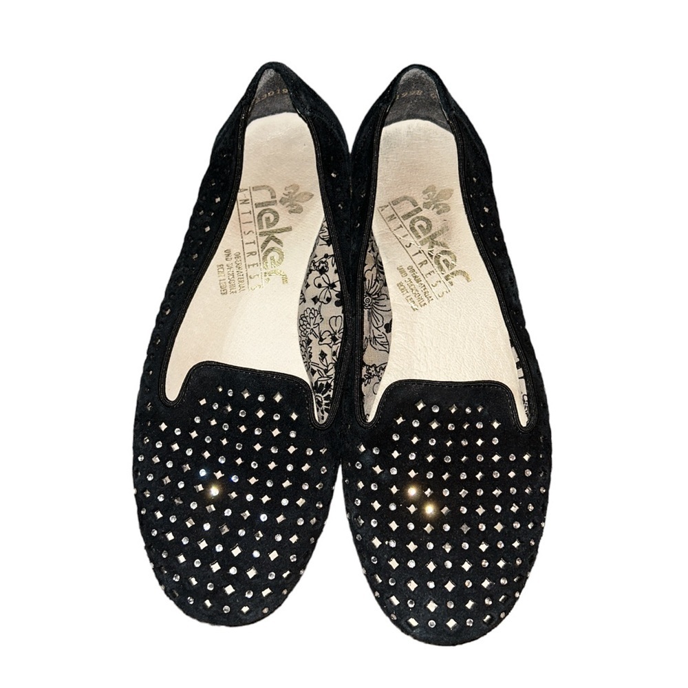 Rieker Womens Shoes Slip On Flats 5.5 Black Diamond Cutout Faux Diamonds​
